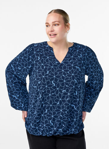 Zizzi Langermet bluse med blomsterbroderi, Blå, Model image number 0