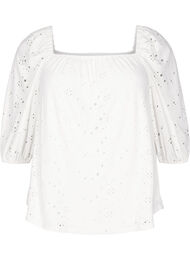 Bluse med korte puffede ermer og hullm&oslash;nster, Hvit