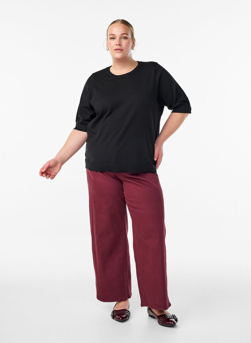 Finstrikket bluse med korte ermer, Svart, Model image number 1