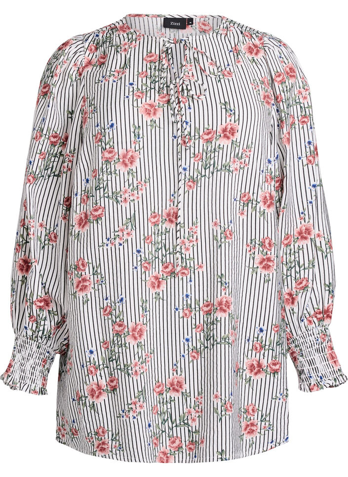 Bluse med blomstertrykk og knytedetaljer, Svart, Packshot image number 0