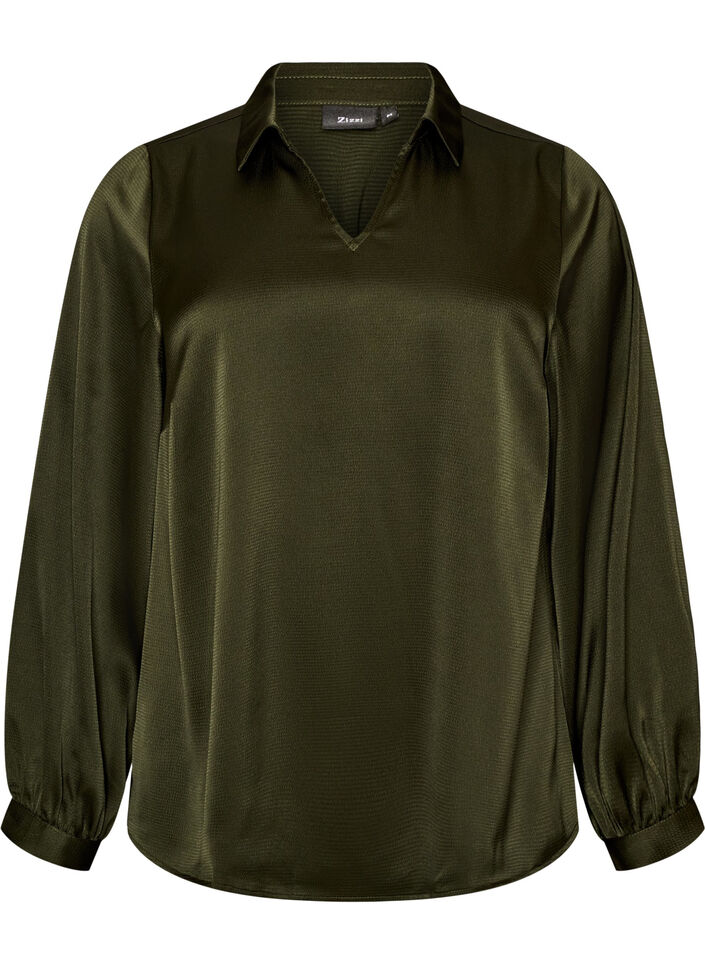 Bluse med skjortekrage og V-hals, Gr&oslash;nn, Packshot image number 0