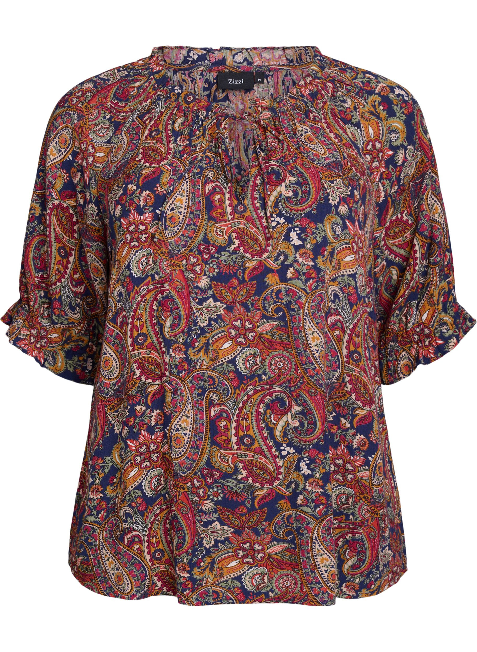 ZizziViskosebluse med paisleym&oslash;nster og albuelange ermer, Bl&aring;, Packshot image number 0