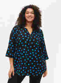 Blomstret bluse med 3/4-ermer, Black Blue Dot, Model