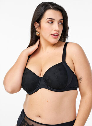 Zizzi Polstret BH med blomsterbroderi, Svart, Model image number 2
