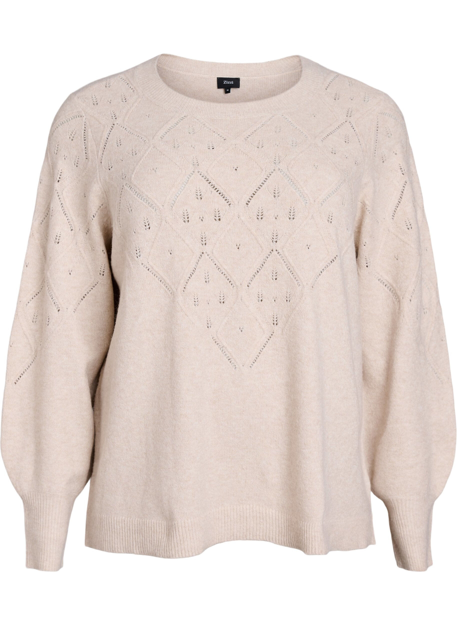 Zizzi Strikket topp med hullm&oslash;nster og ballongermer, Beige, Packshot image number 0