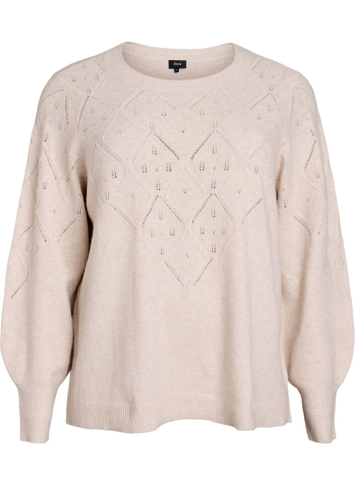 Strikket topp med hullmønster og ballongermer, Pumice S. White Mel., Packshot
