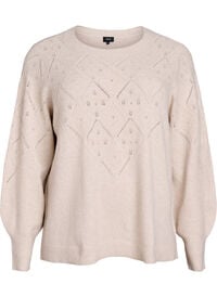 Strikket topp med hullmønster og ballongermer, Beige Strikket topp med hullmønster og ballongermer
