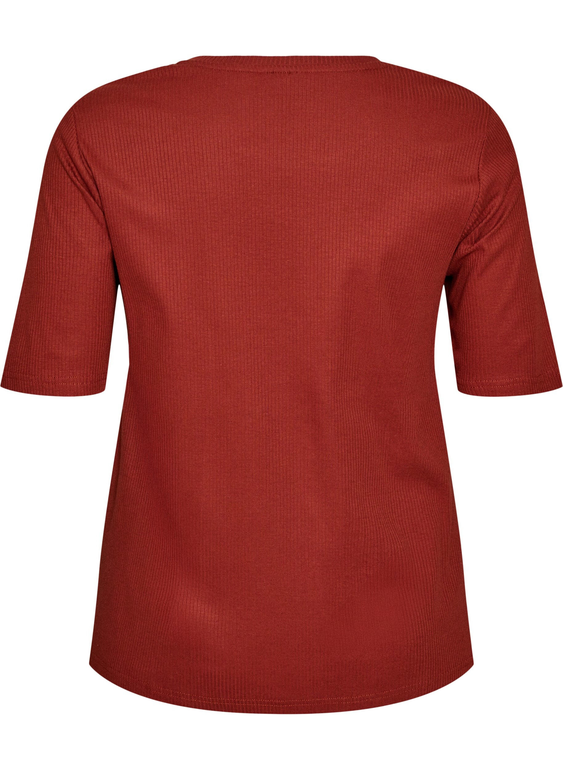 ZizziRibbestrikket jerseybluse med korte ermer, R&oslash;d, Packshot image number 1