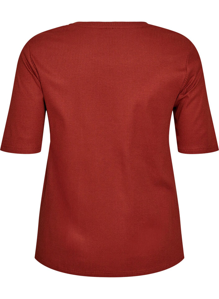 Ribbestrikket jerseybluse med korte ermer, R&oslash;d, Packshot image number 1