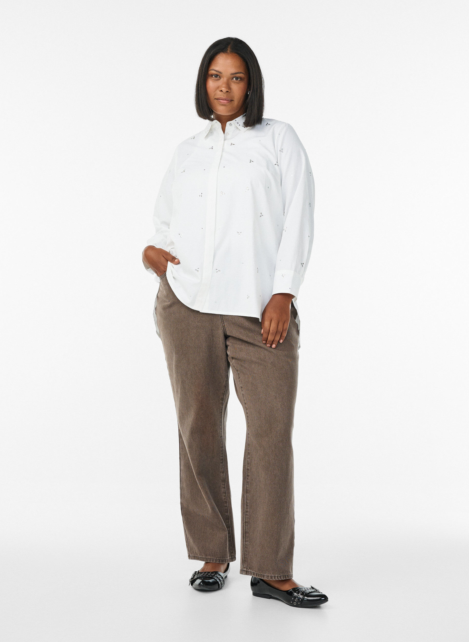 Zizzi Skjorte med rhinesteiner, Hvit, Model image number 1