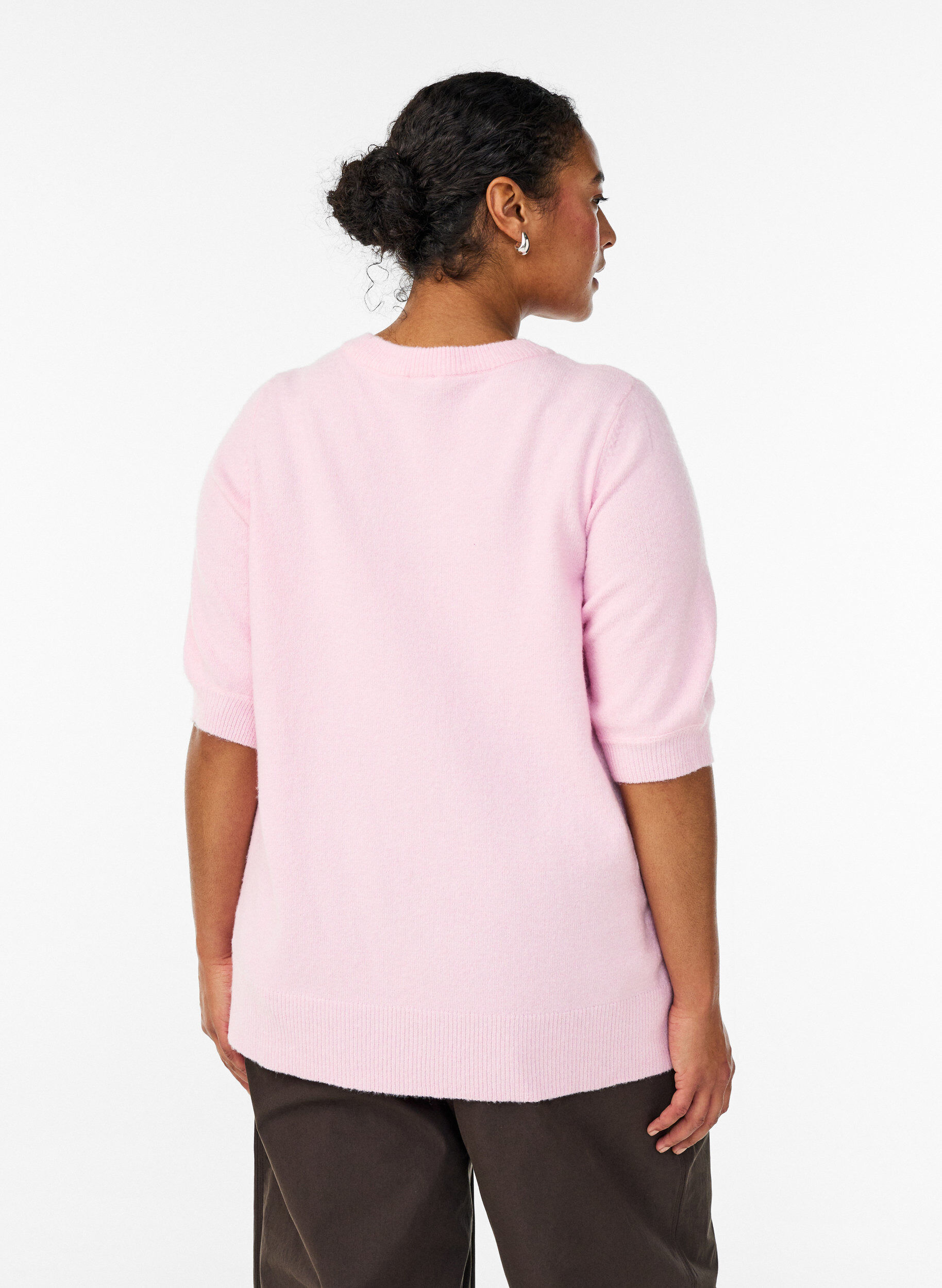 Zizzi Strikkebluse med korte ermer, Rosa, Model image number 2
