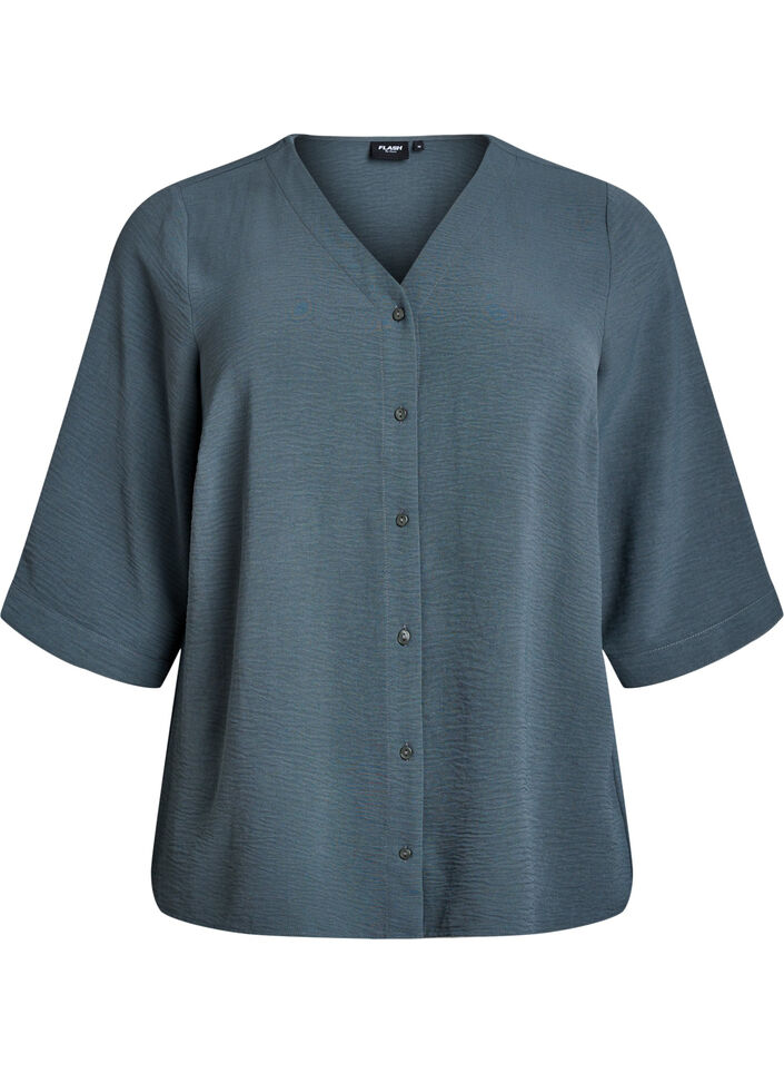 Skjortebluse med v-hals og 3/4 ermer, Gr&oslash;nn, Packshot image number 0