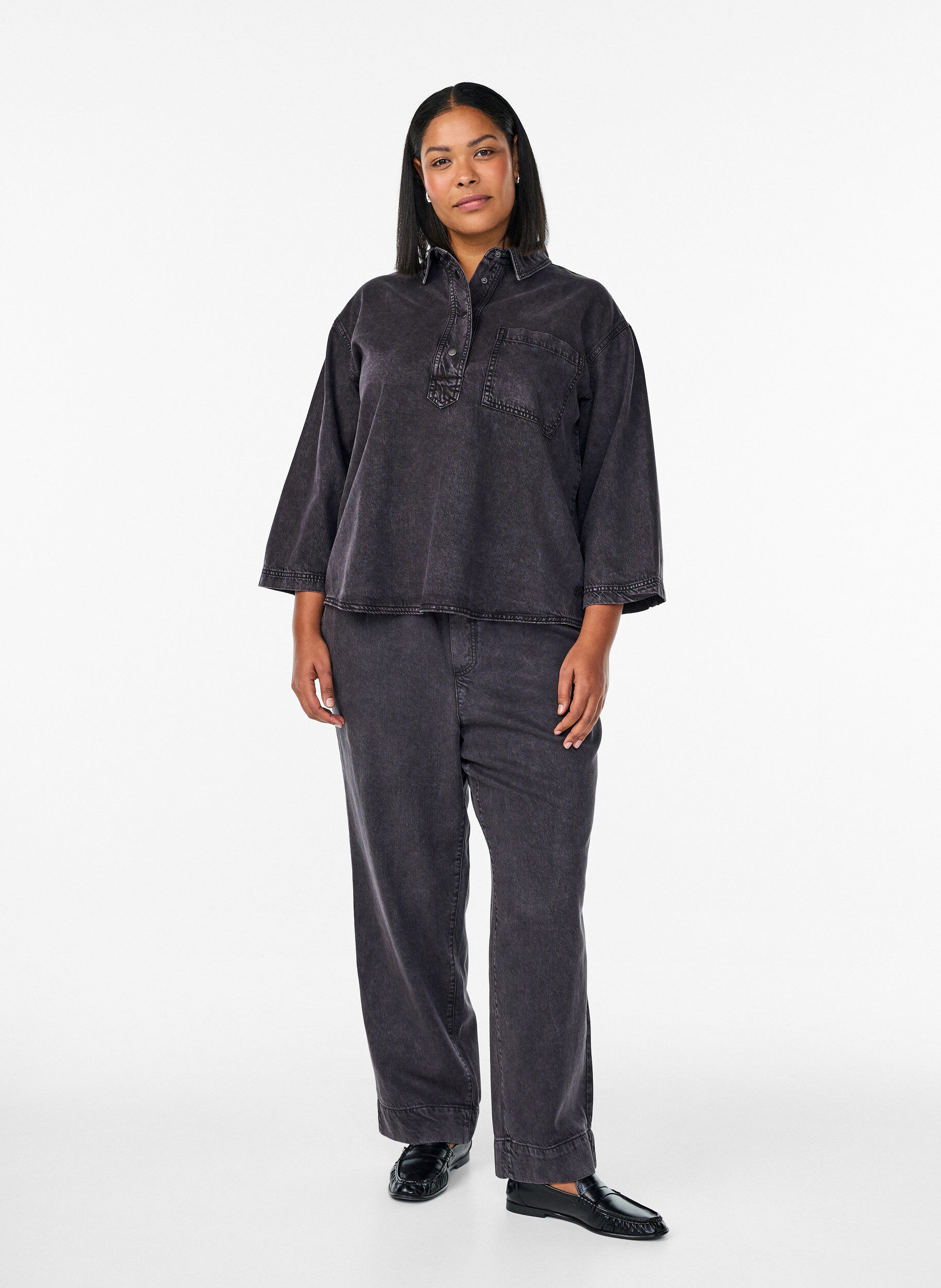 Vide jeans med elastisk linning, Gr&aring;, Model