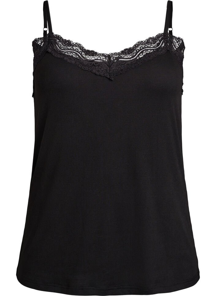 Ribbet jerseytopp med blondedetaljer, Svart, Packshot image number 0