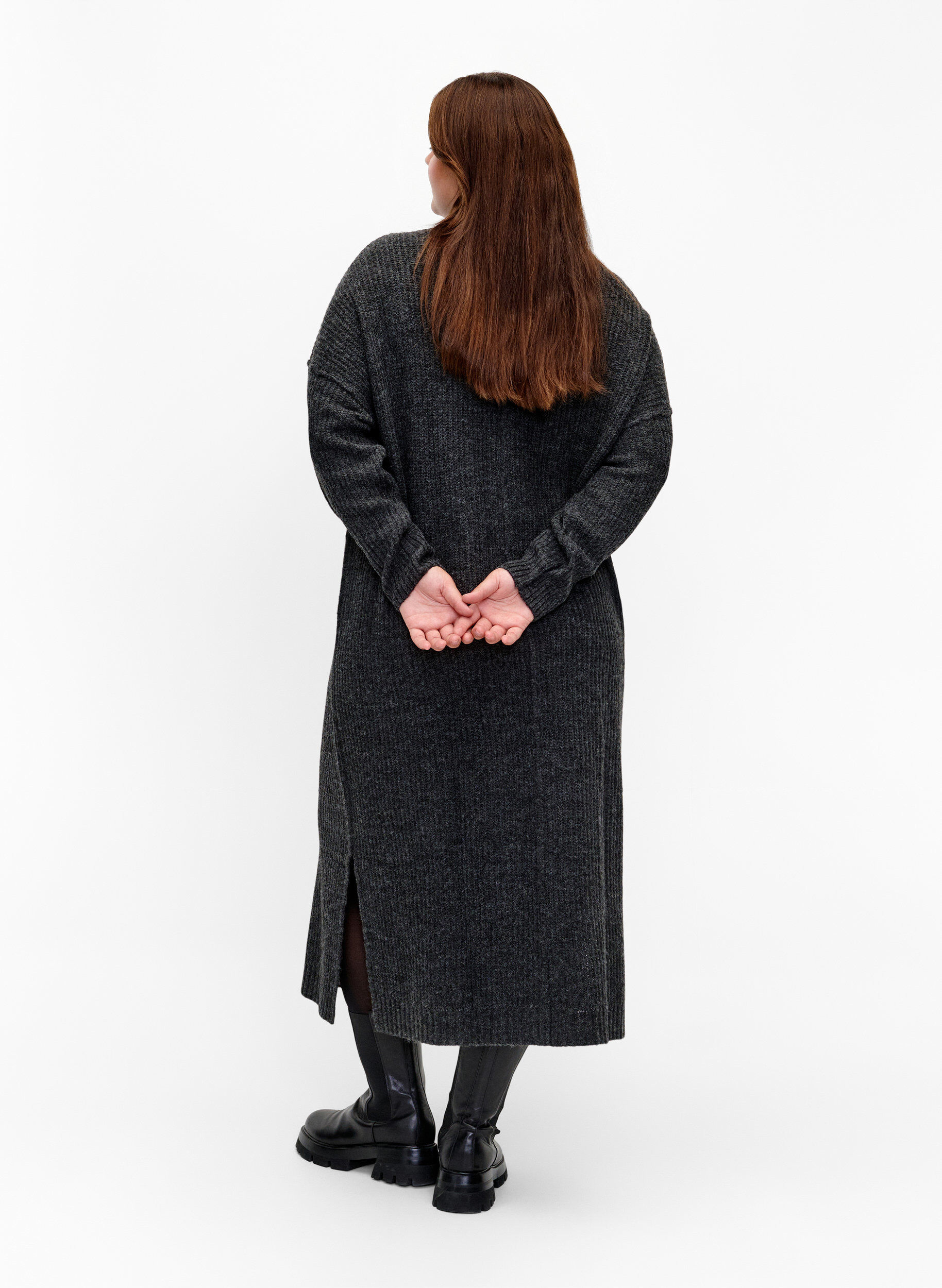 ZizziLang, oversize strikkekjole med glidel&aring;s, Gr&aring;, Model image number 1