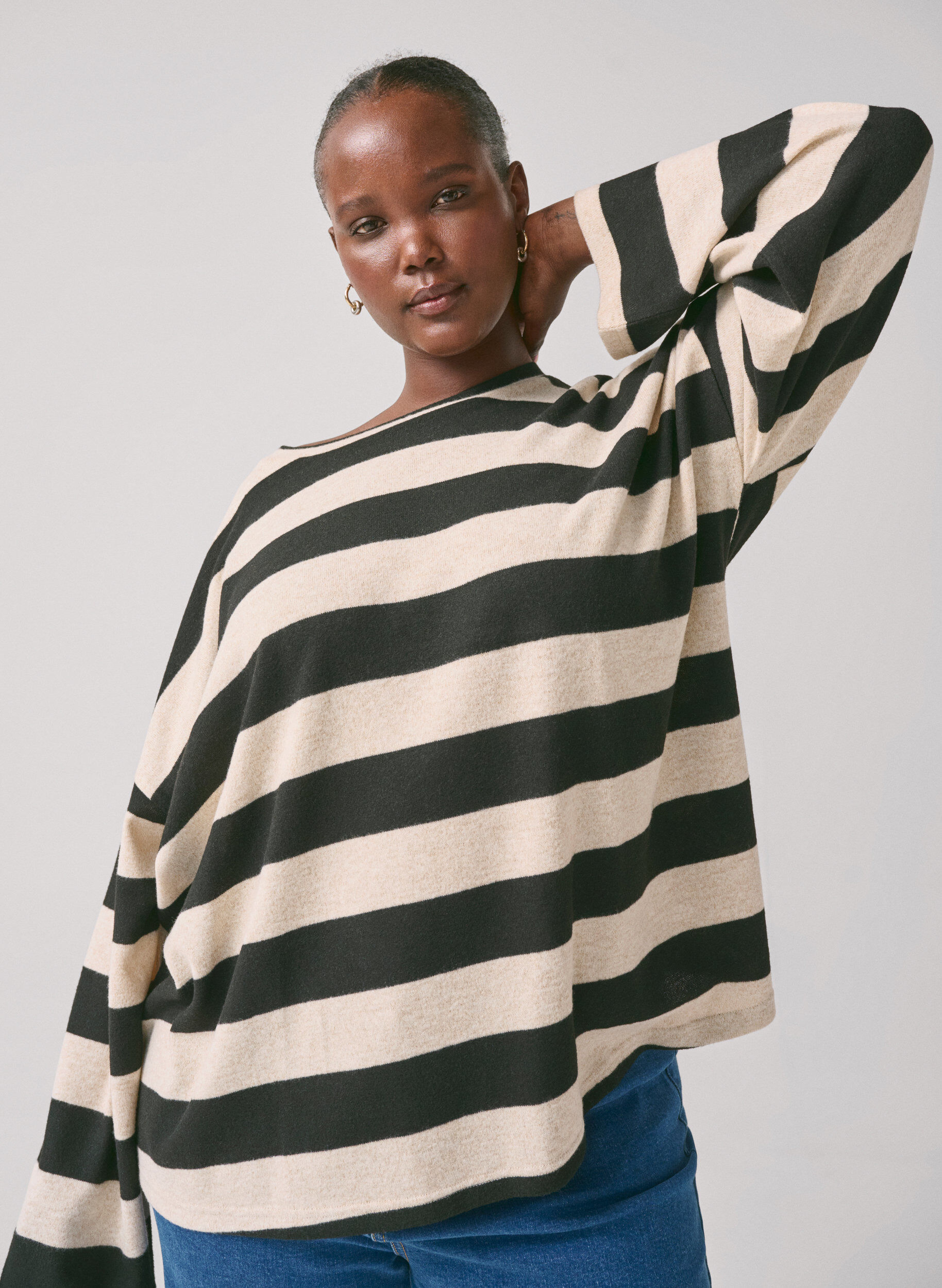 Zizzi Langermet bluse med striper, Bl. Beige Mel.Stripe, Image image number 0