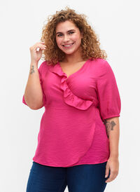 wrap Bluse i viskose med 1/2 ermer, Beetroot Purple, Model