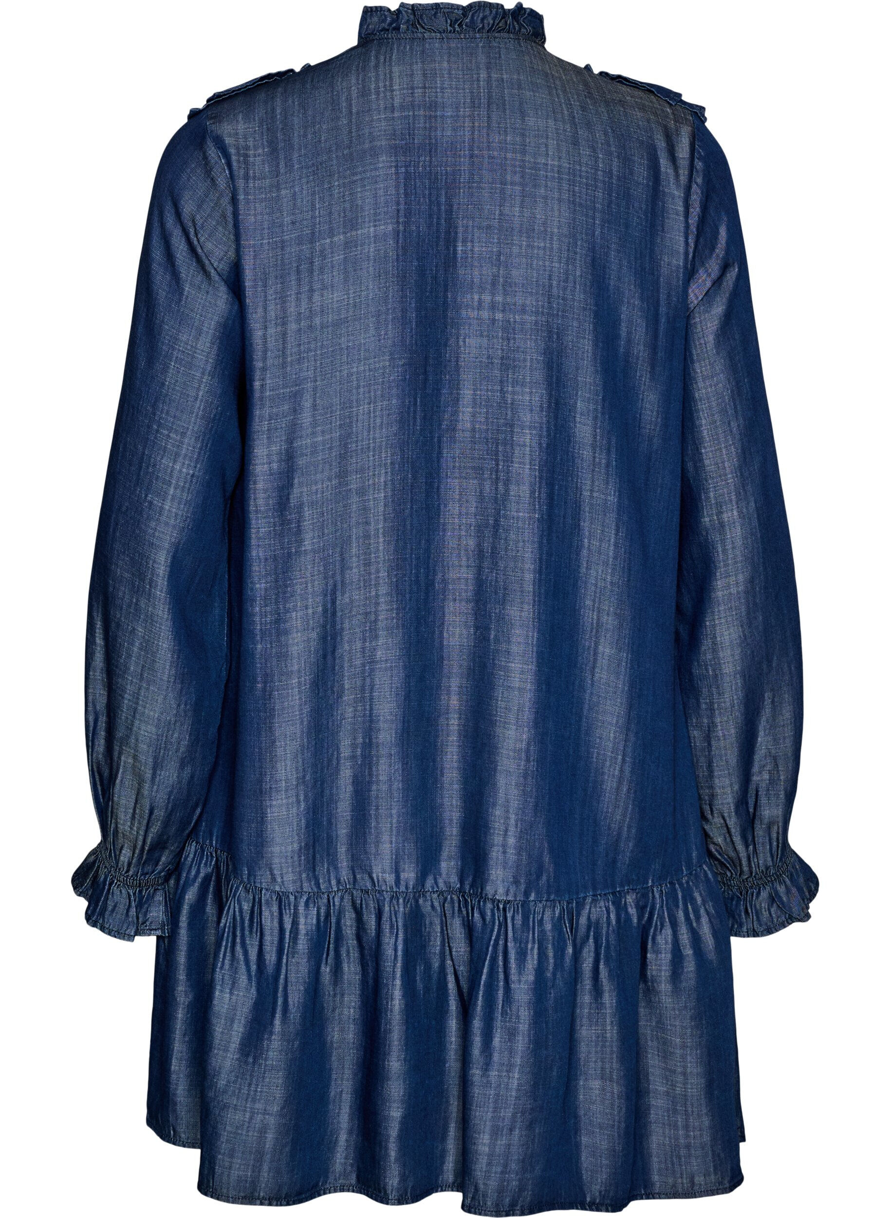 ZizziKort kjole i denimlook med volanger, Bl&aring;, Packshot image number 1