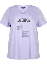 T-skjorte med V-hals og tekst i bomull, Lavender w. Text