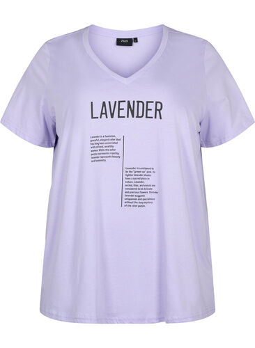 T-skjorte med V-hals og tekst i bomull, Lavender w. Text, Packshot image number 0
