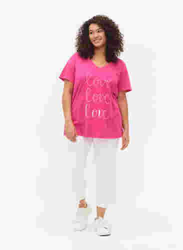 T-skjorte i bomull med V-hals og trykk, Fuchsia Purple Love, Model image number 2