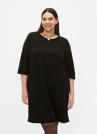 Kjole med struktur og trekvartlange ermer, Black, Model