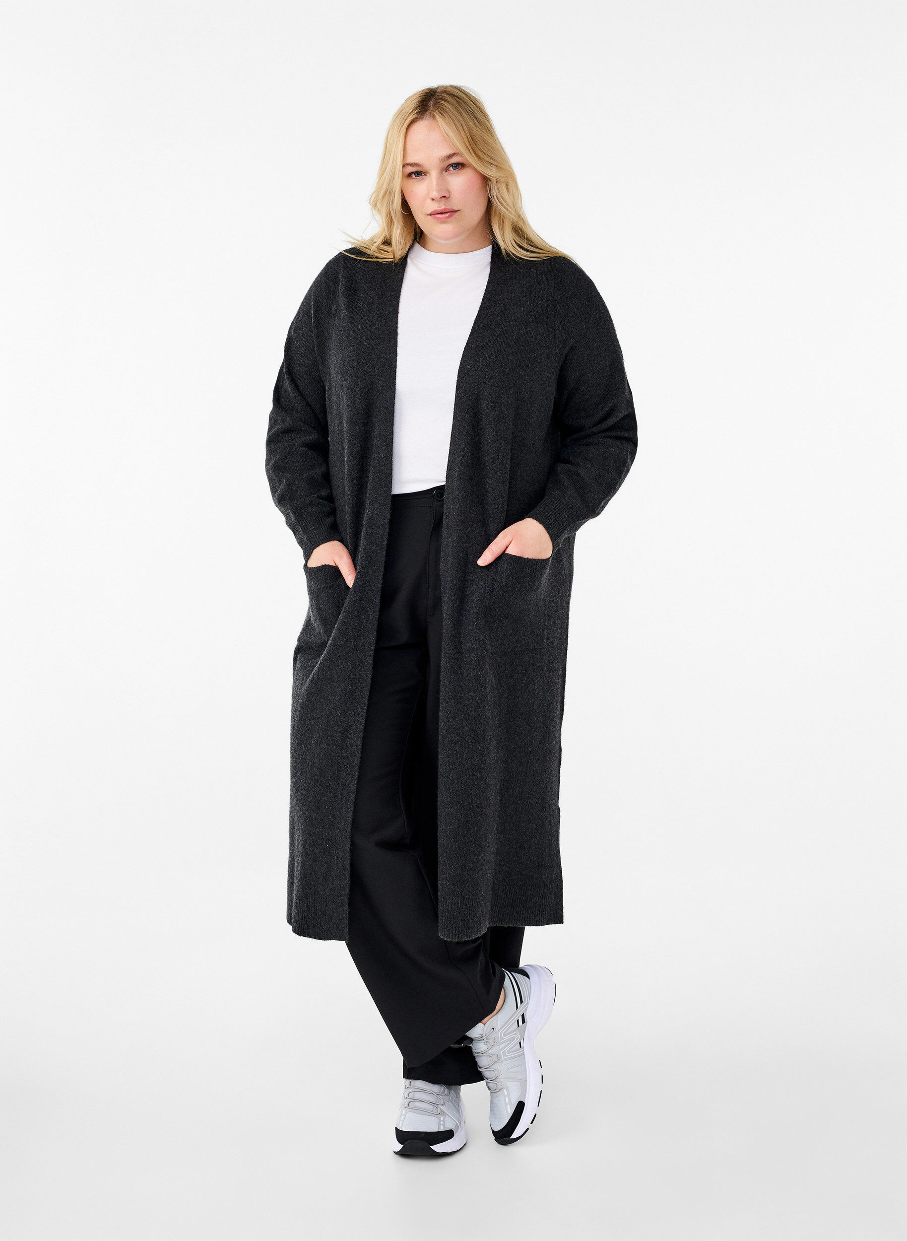Zizzi Lang strikket cardigan med lommer, Dark Grey Melange, Model image number 0