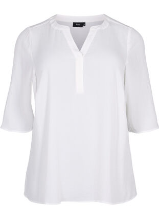 Bluse med 3/4 ermer og V-hals, Bright White, Packshot image number 0