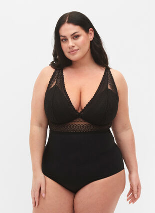 Bodystocking med blonder og myk vattering, Black, Model image number 0