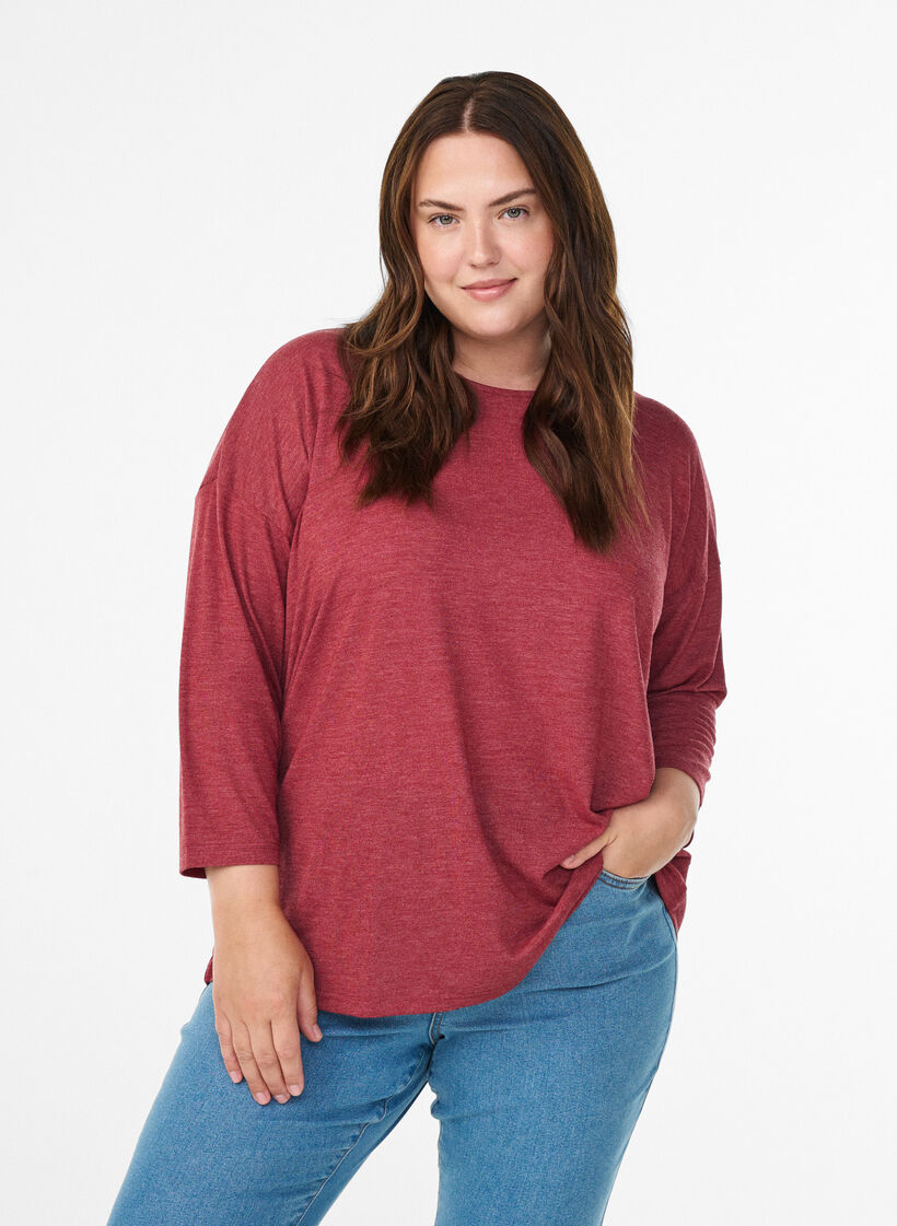 Jersey bluse med 3/4 ermer, R&oslash;d, Model image number 0