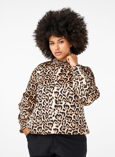 Zizzi Smocket bluse med leopardmønster, Brun, Model image number 0