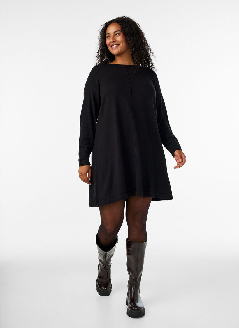 Strikket kjole i bomull og viskoseblanding, Svart, Model image number 1