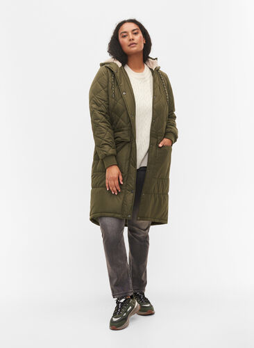Quiltet jakke med hette og justerbar midje, Forest Night, Model image number 2