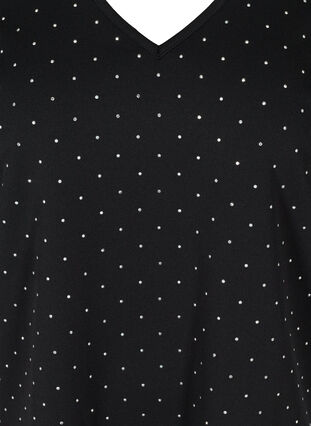 T-skjorte med V-hals og dekorativ strass, Black w. Silver, Packshot image number 2