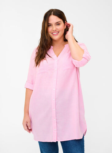 Skjorte med V-hals og lommer, Cameo Pink, Model image number 0