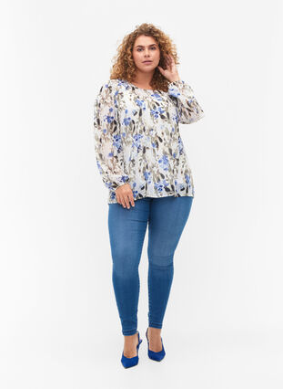 Mønstrete bluse med lange ermer, Blue Flower AOP, Model image number 2