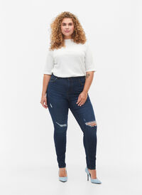 Superslanke Amy-jeans med rå detaljer og høy midje, Dark blue, Model