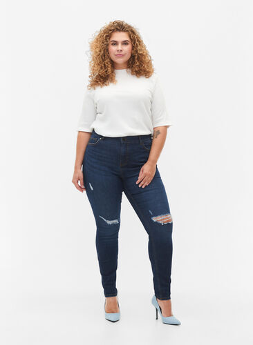 Zizzi Super slim Amy jeans med slitte detaljer og høyt liv, Dark blue, Model image number 0