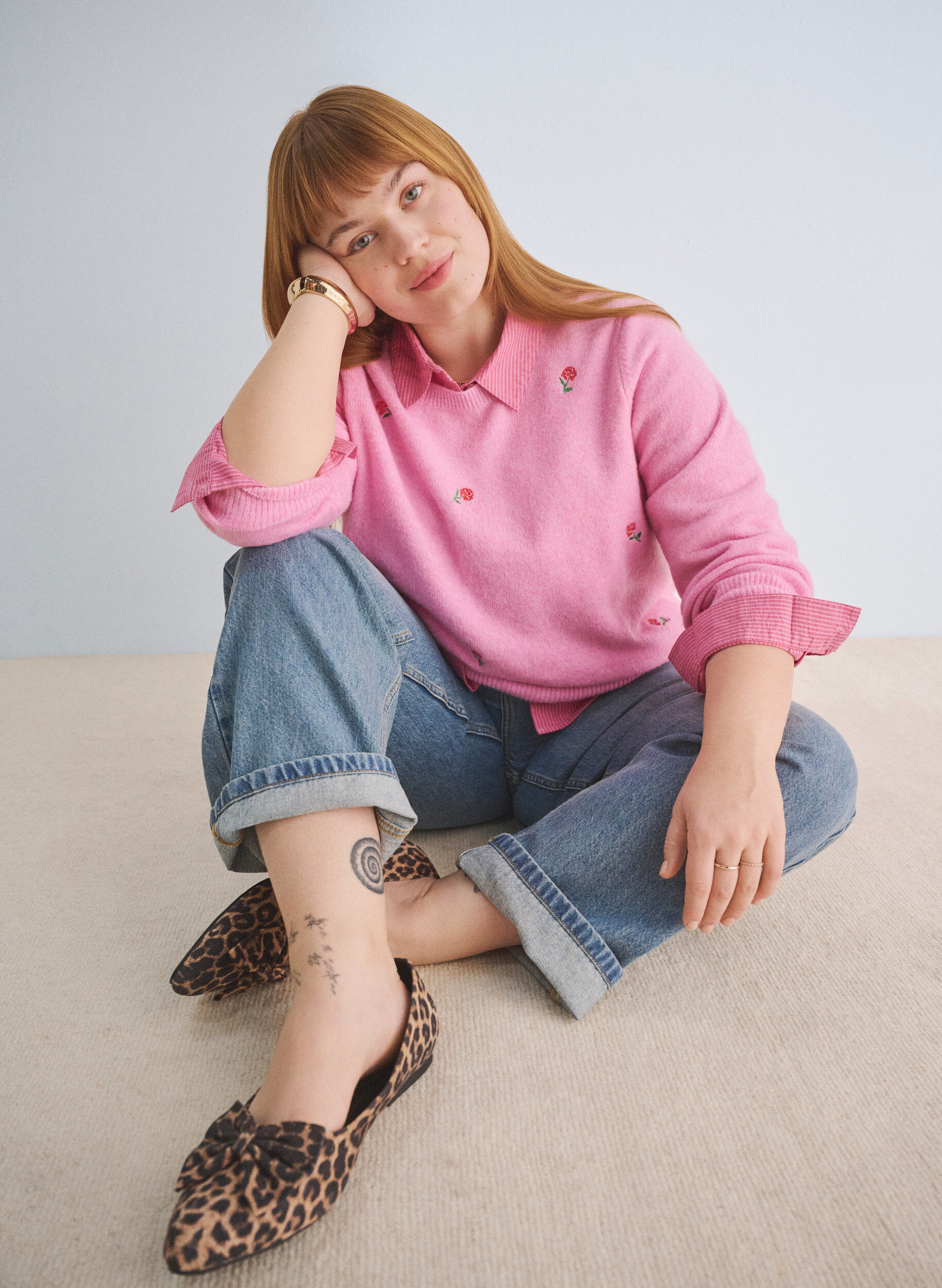 Zizzi Strikket bluse med blomster og 3/4 ermer, Begonia Pink Mel., Image image number 0