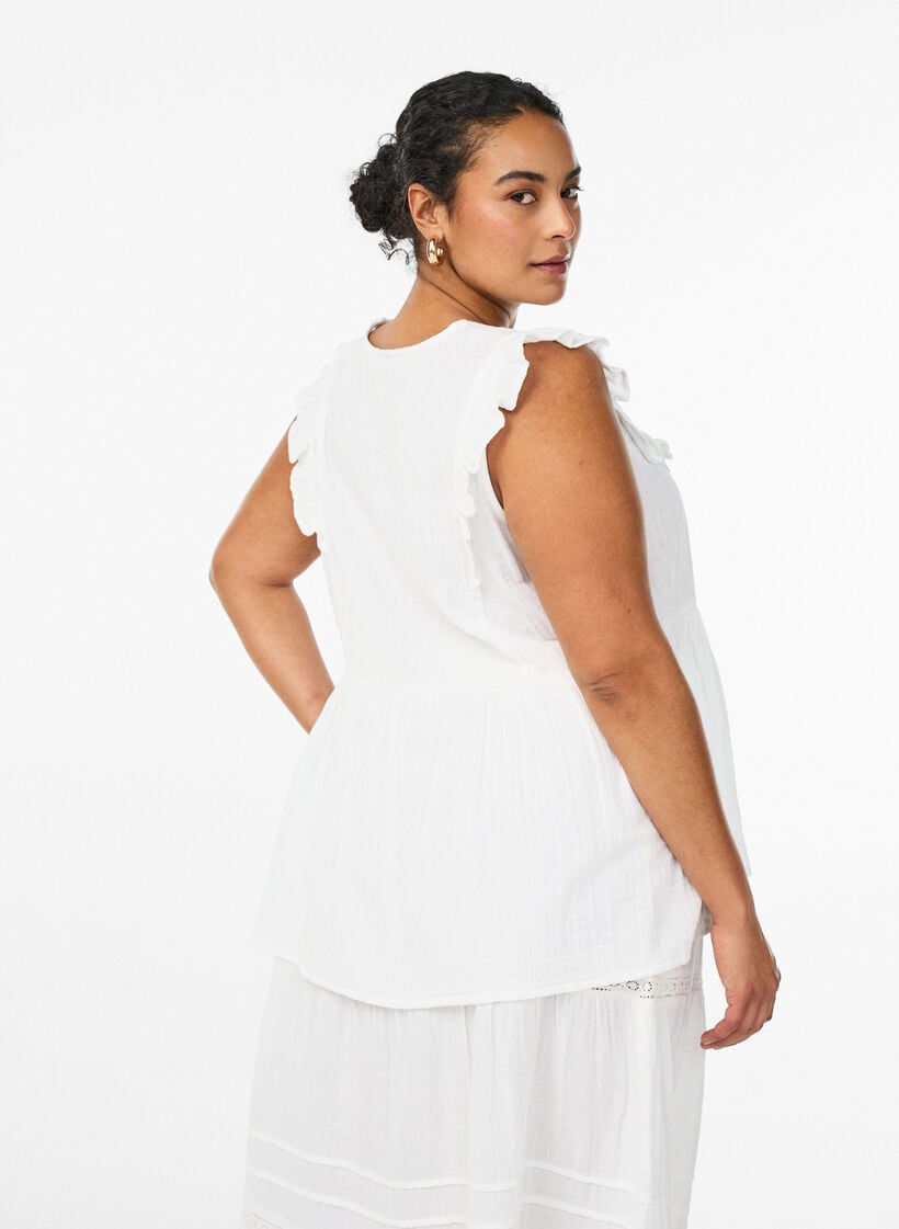 Ermel&oslash;s bluse i bomullsmusselin med volanger, Hvit, Model image number 2