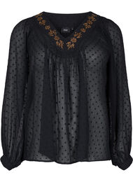 Prikkemønstret bluse med V-utringning og perler, Black w. Cobber
