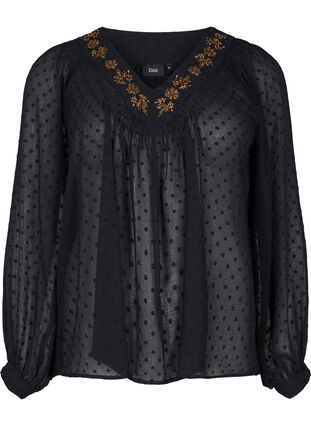 Prikkemønstret bluse med V-utringning og perler, Black w. Cobber, Packshot image number 0
