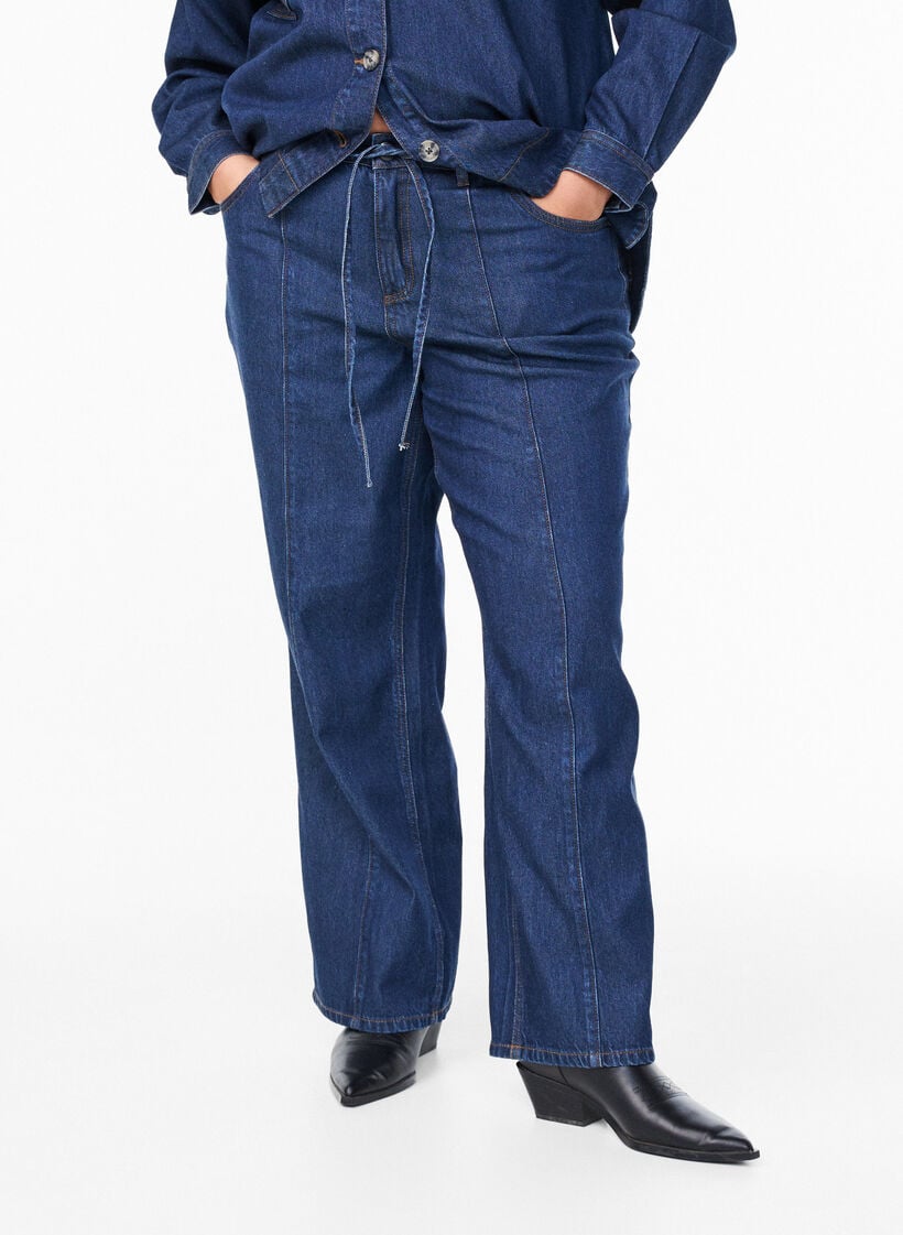 Vide jeans med knytebelte og høy midje, Blå, Model image number 2