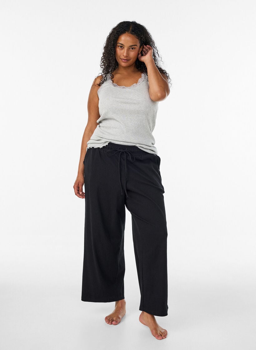 Ribbet topp med blondedetalj, Gr&aring;, Model image number 1