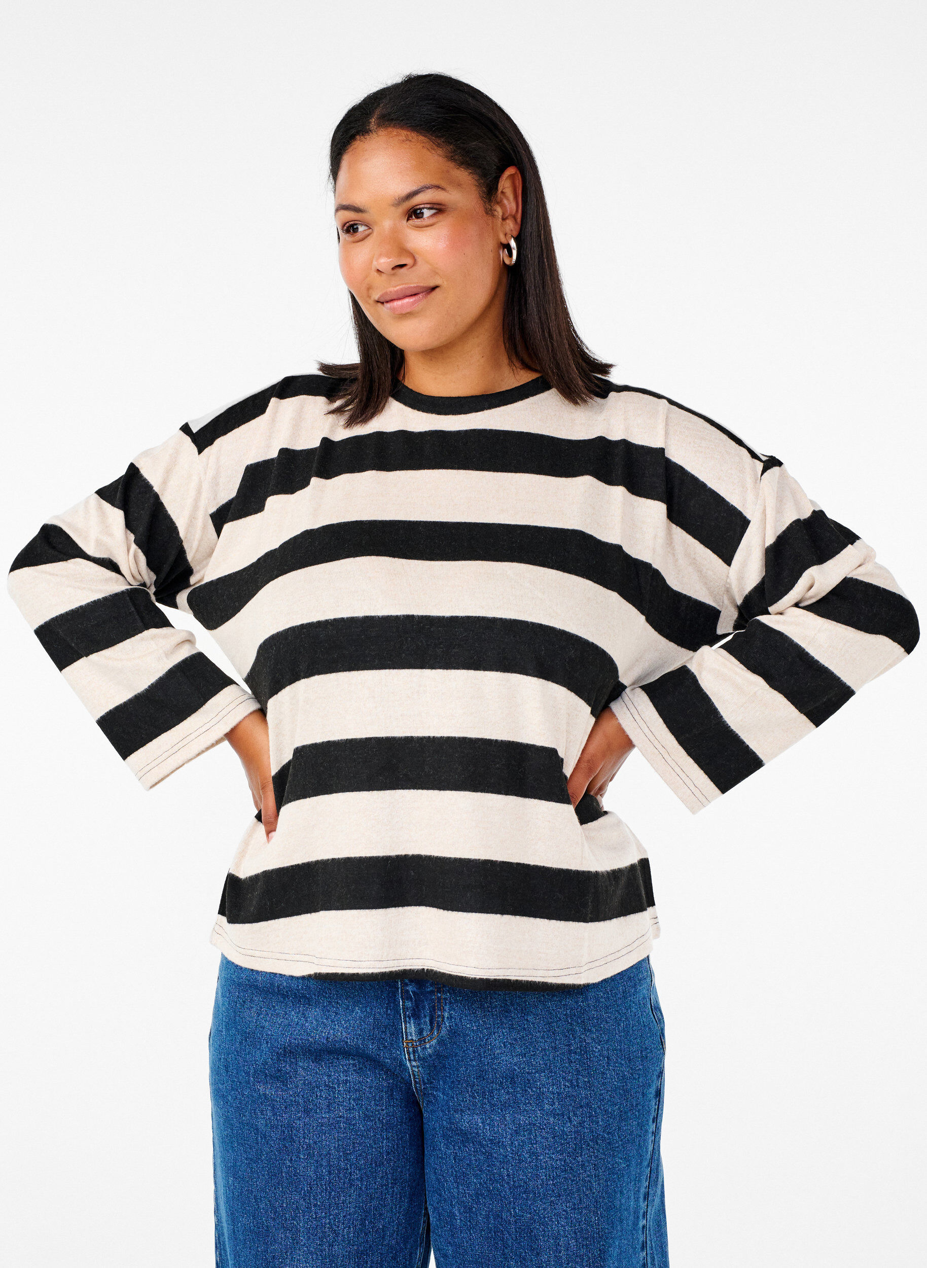 Zizzi Langermet bluse med striper, Bl. Beige Mel.Stripe, Model image number 0