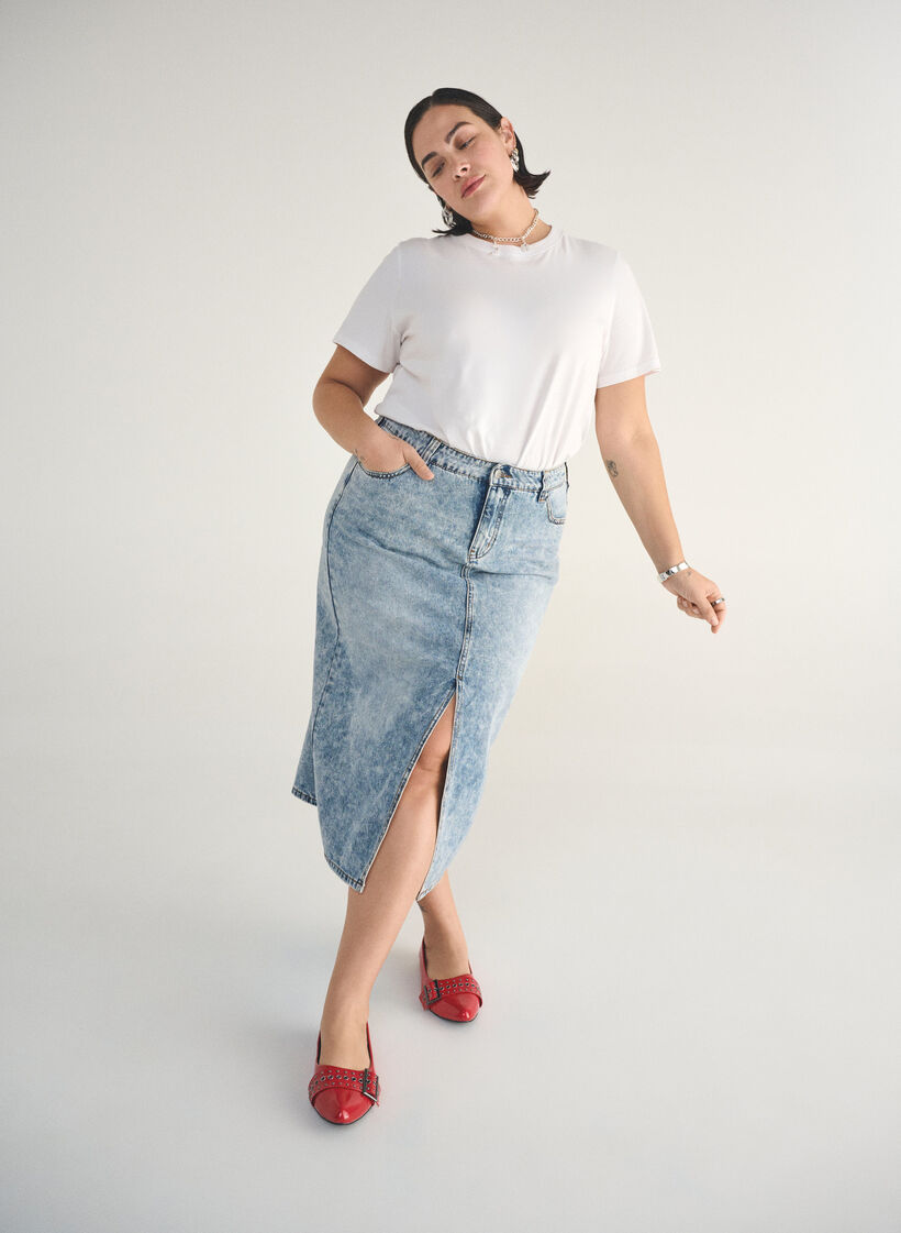 Denim maxiskjørt med splitt foran, Blue Denim washed, Image