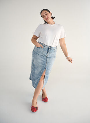 Zizzi Denim maxiskjørt med splitt foran, Blue Denim washed, Image image number 0