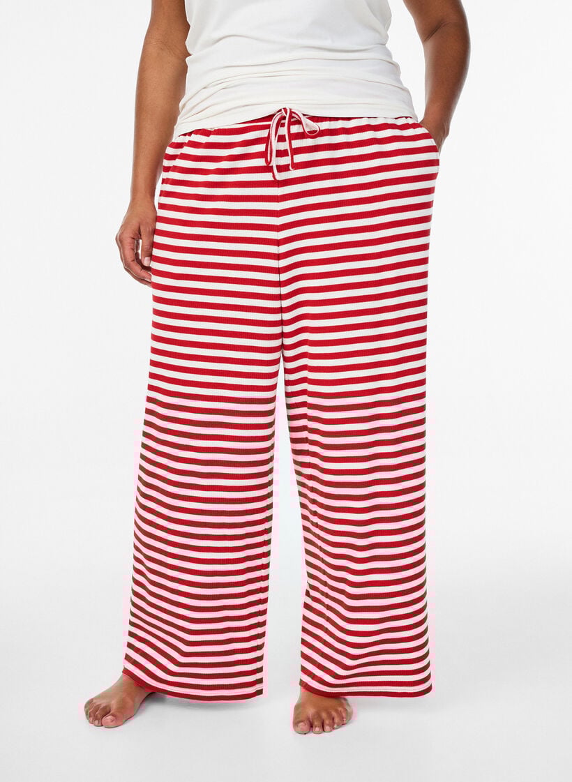 Stripete pyjamasbukser med h&oslash;y midje og vide ben, R&oslash;d, Model image number 2