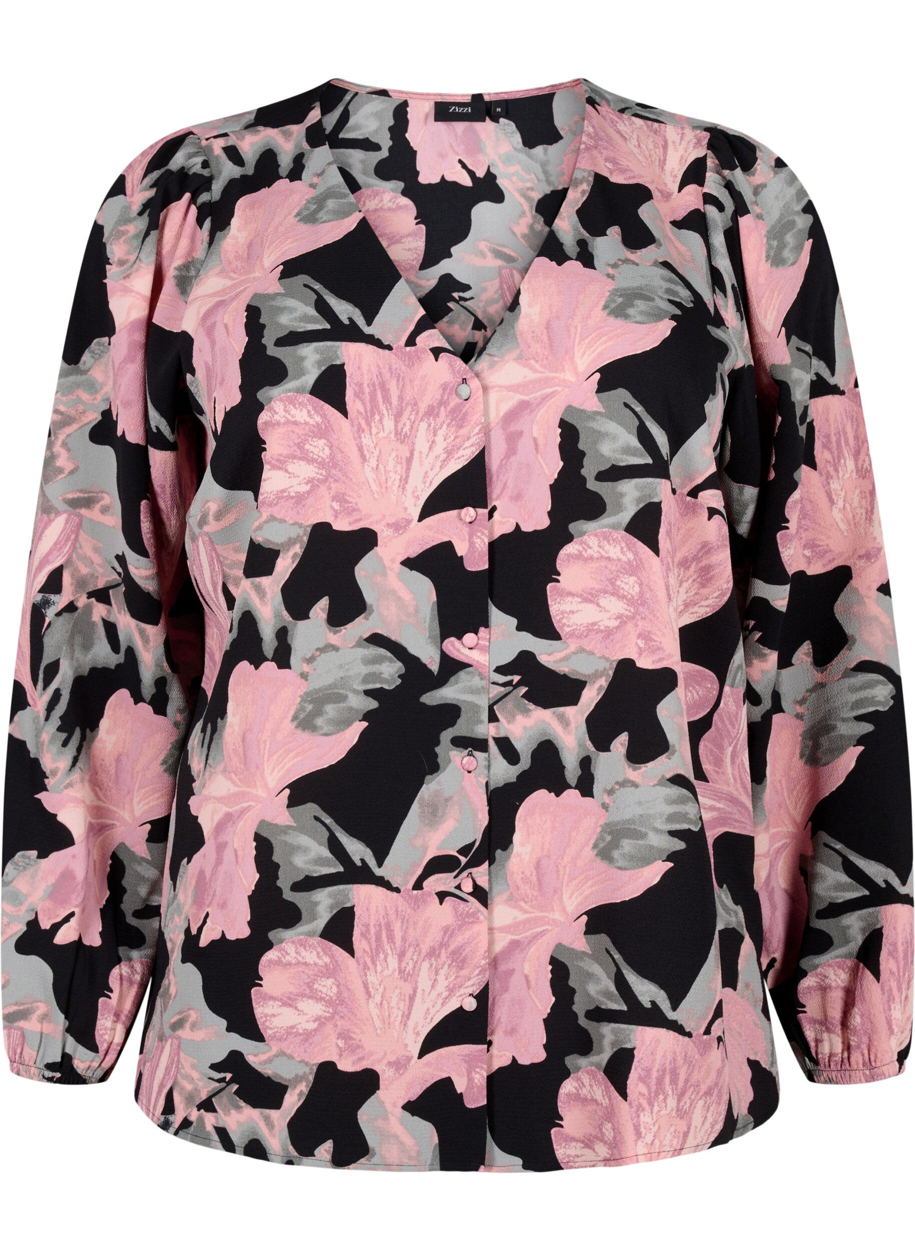 Zizzi Skjortebluse med v-hals og trykk, Black Pale Mauve Fl., Packshot image number 0