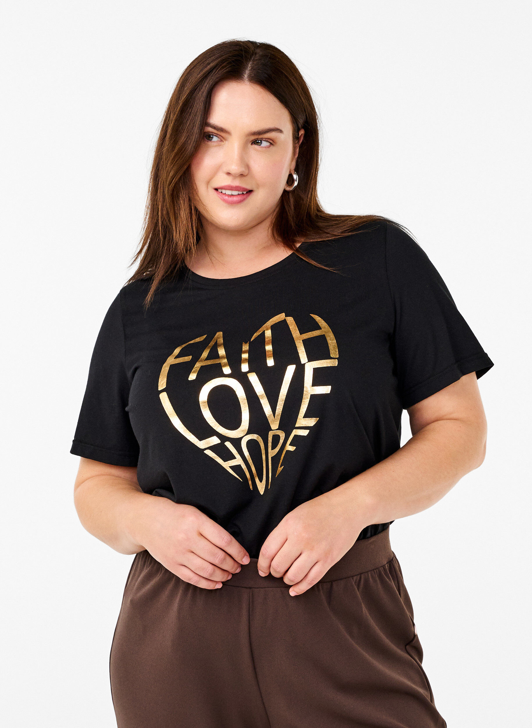 Zizzi FLASH - T-skjorte med motiv, Black Gold Faith, Model image number 0